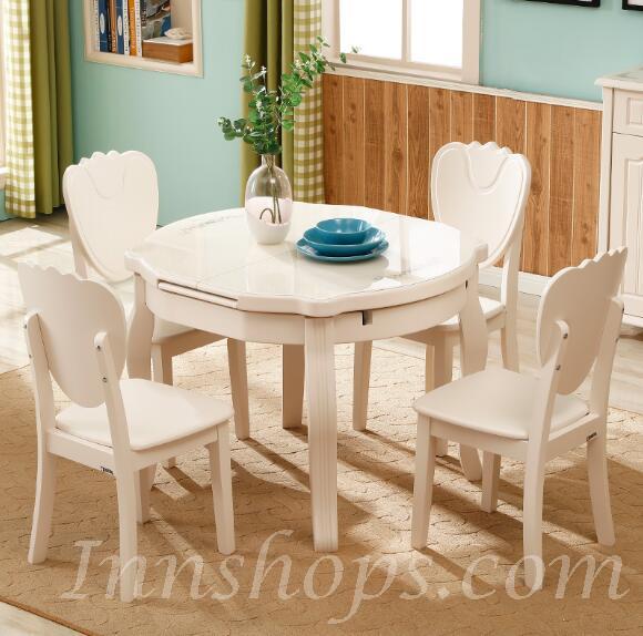 英倫典雅 實木玻璃面伸縮圆形餐桌椅組合 *3呎3~4呎3 (IS0227)