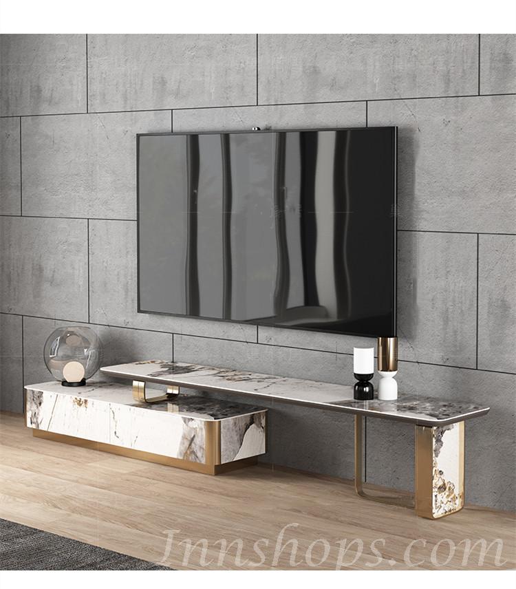 高端輕奢岩板伸縮電視櫃茶几組合後現代不銹鋼金色儲物櫃(IS0003)
