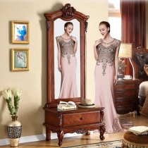 美式實木穿衣鏡家用落地鏡 歐式試衣鏡 帶抽屜全身鏡 化妝鏡 (IS3836)