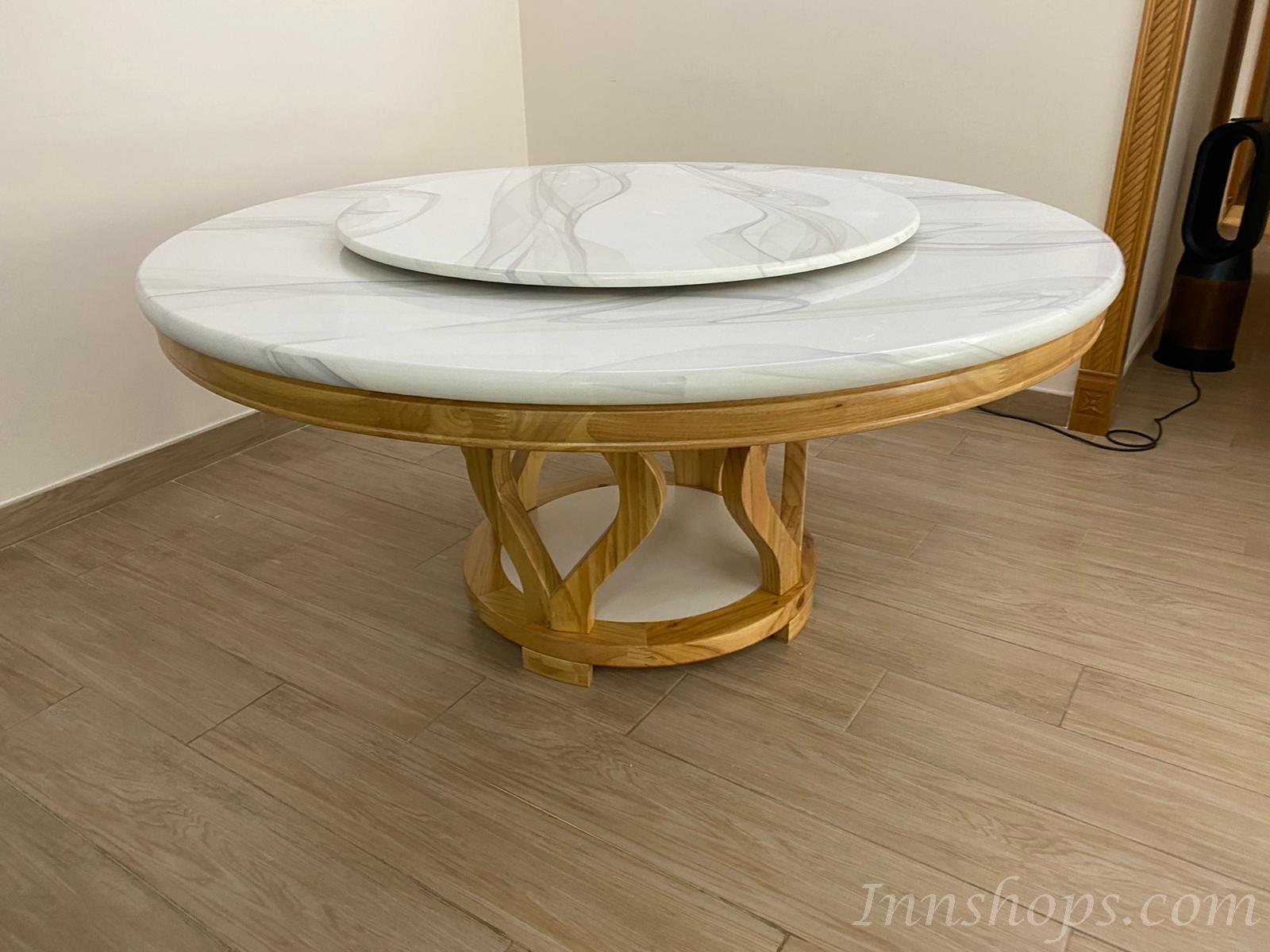現代簡約實木餐桌椅大理石餐桌大小戶型餐桌帶轉盤圓桌120/130/150/160CM（IS7853）