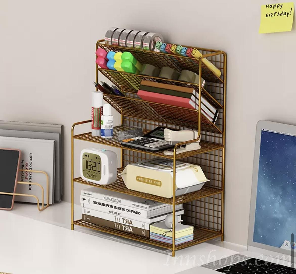 時尚系列 桌面置物架 書架簡易桌上書本收納小書櫃鐵藝辦公分層架子 (IS8075)