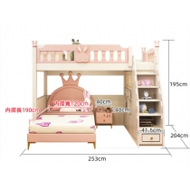 兒童皇國 丁字床 粉色高低床帶櫃兒童床 4呎/5呎/6呎 (不包床褥)(IS8280)