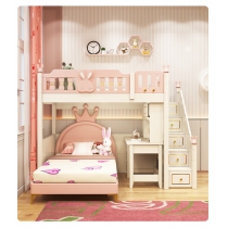 兒童皇國 丁字床 粉色高低床帶書桌/衣櫃兒童床 小朋友床 4呎/5呎/6呎 (不包床褥)（IS8304） 