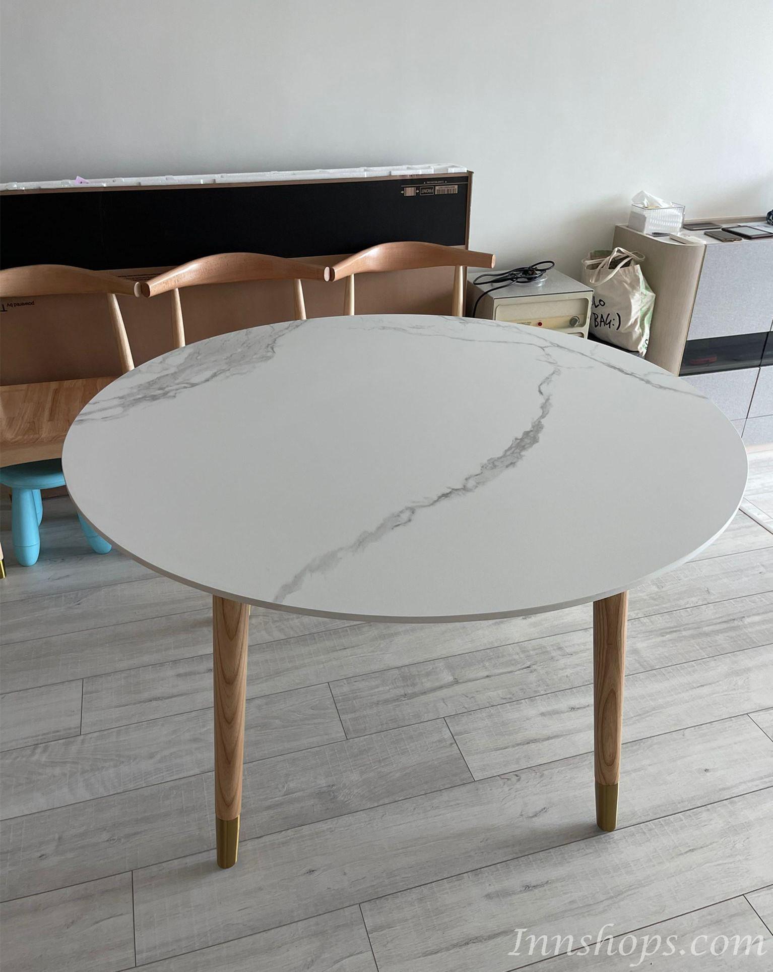 北歐實木白蠟木 實木圓桌岩板圓形餐桌轉盤120/130cm(IS8214)