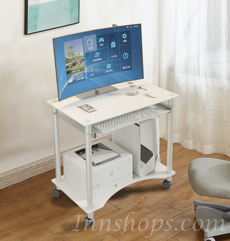 時尚可移動帶輪鋼化玻璃電腦台書桌60cm/70cm/80cm/90cm（IS8523）