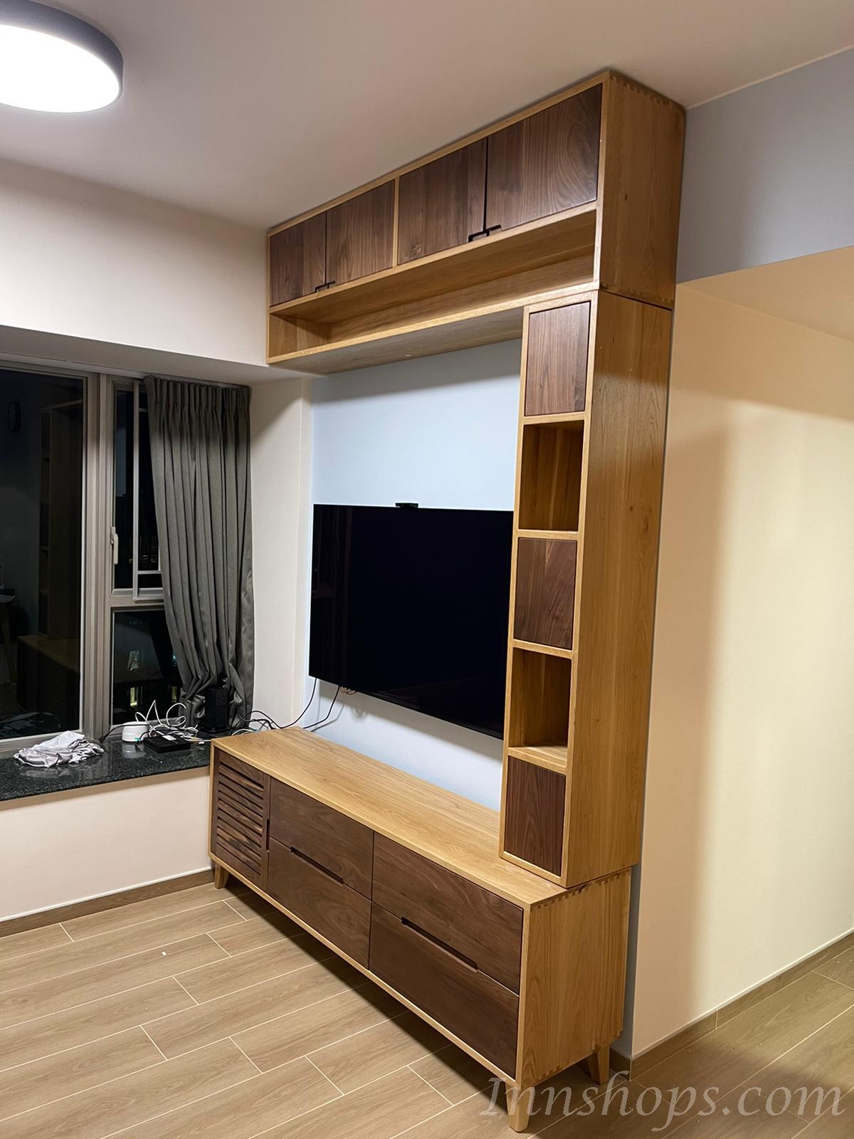 訂造俬傢實木黑胡桃木+白橡木電視櫃組合 可自訂尺寸（IS7790）