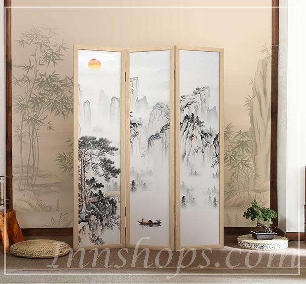 中式 實木半透明/不透明 喬其紗屏風 *3片 (IS7047)