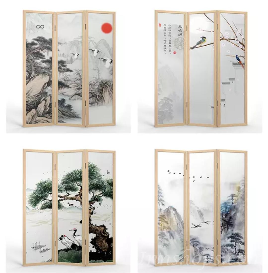 中式 實木半透明/不透明 喬其紗屏風 *3片 (IS7047)