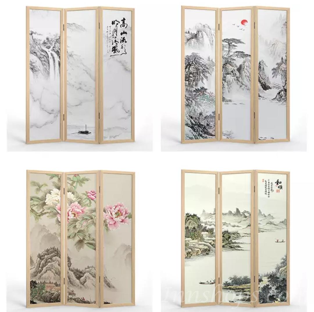 中式 實木半透明/不透明 喬其紗屏風 *3片 (IS7047)