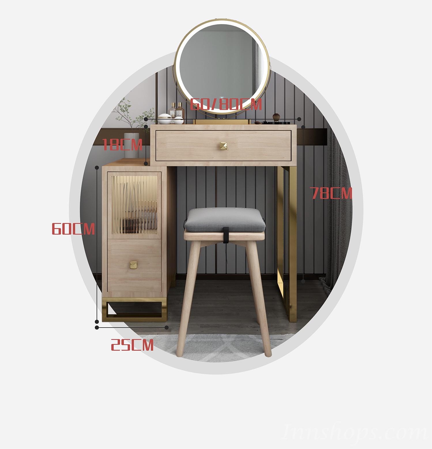 日式實木橡木 可伸縮梳妝台 化妝桌 帶燈鏡 送妝凳 60cm/80cm (IS7534)