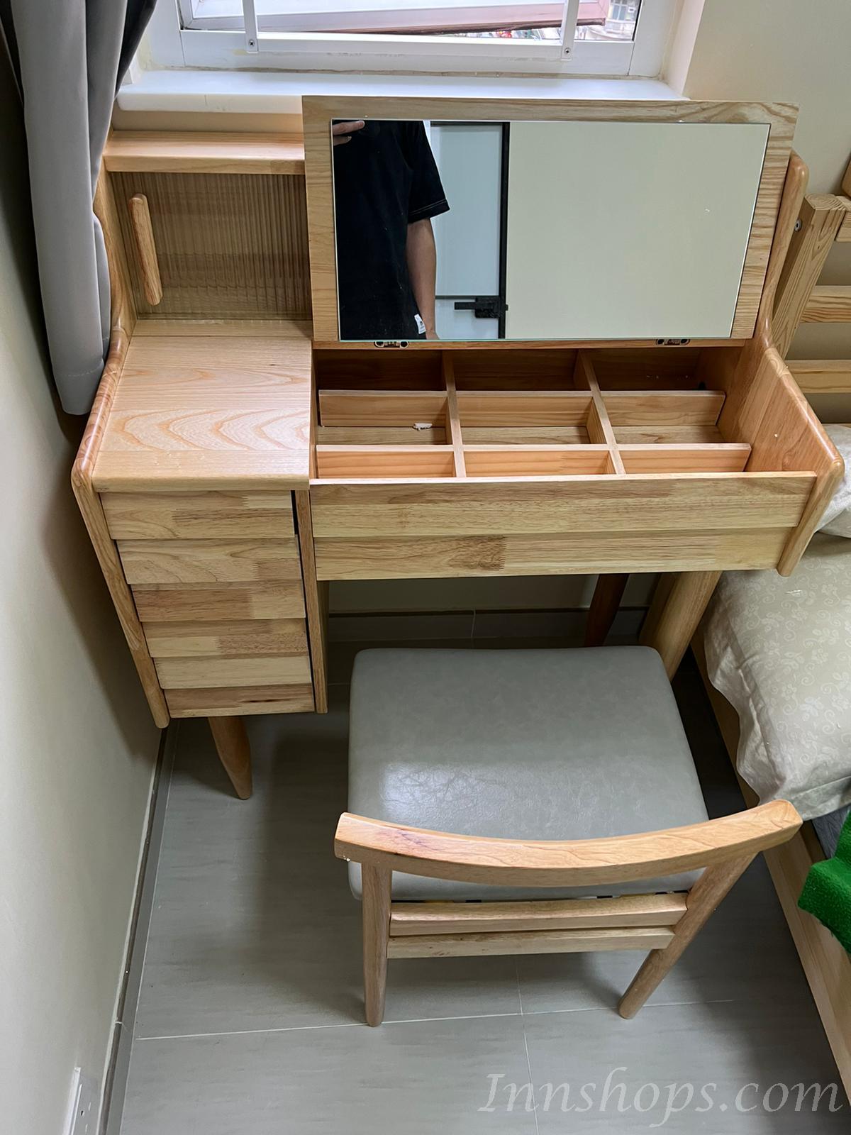 日式實木橡木系列  揭鏡收納多功能梳妝台化妝枱送妝凳 *80/100cm (IS7761)