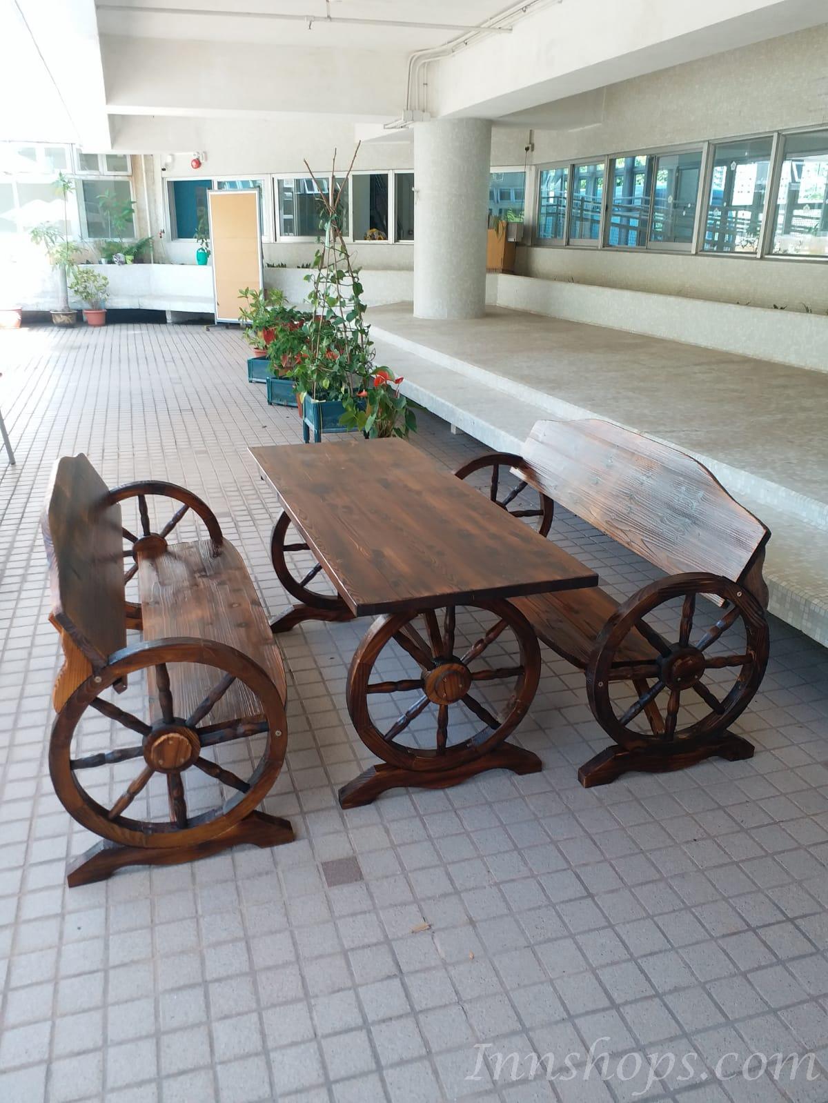 戶外學校傢俬庭院休閑花園 碳化防腐復古實木桌椅組合 120cm / 140cm / 150cm / 160cm (IS7986)