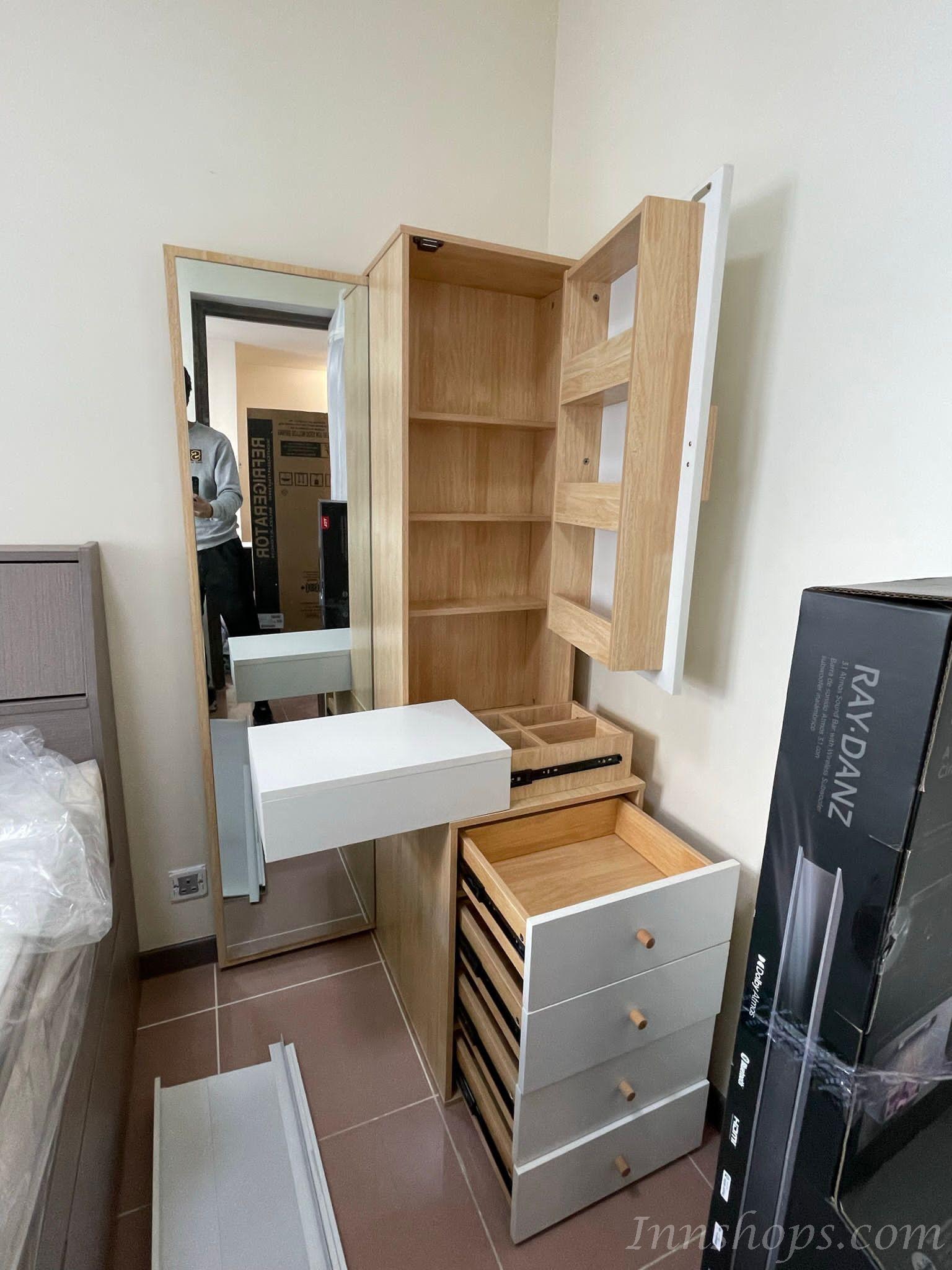 北歐梳妝台收納櫃一體全身鏡化妝台臥室多功能轉角穿衣鏡不連梳妝凳 (IS7733)