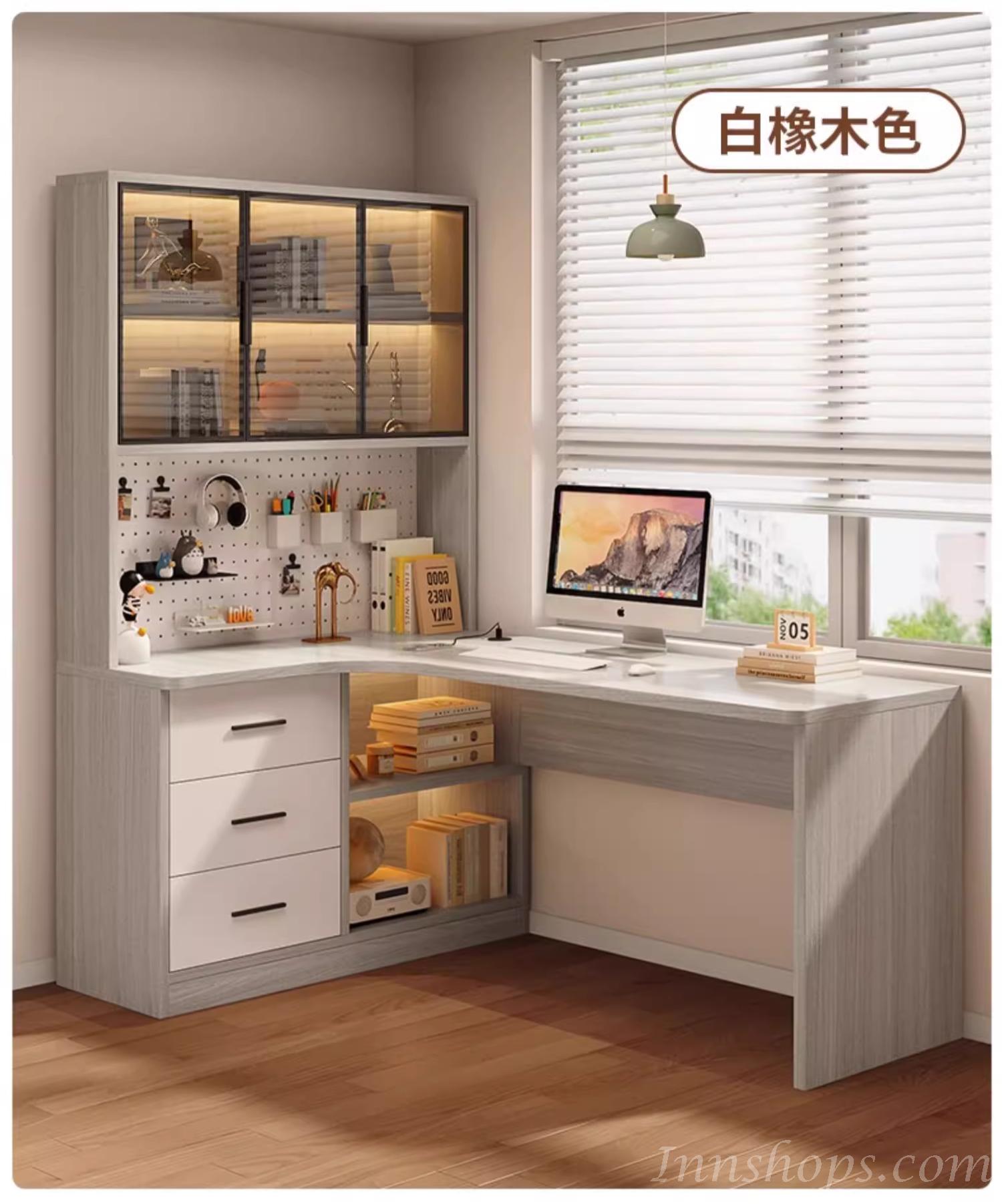 L型電腦枱 北歐實木 轉角 L型 電腦枱 洞洞板書枱 書桌 連書架 120cm/140cm/160cm/180cm*98cm*170cm (IS9074)