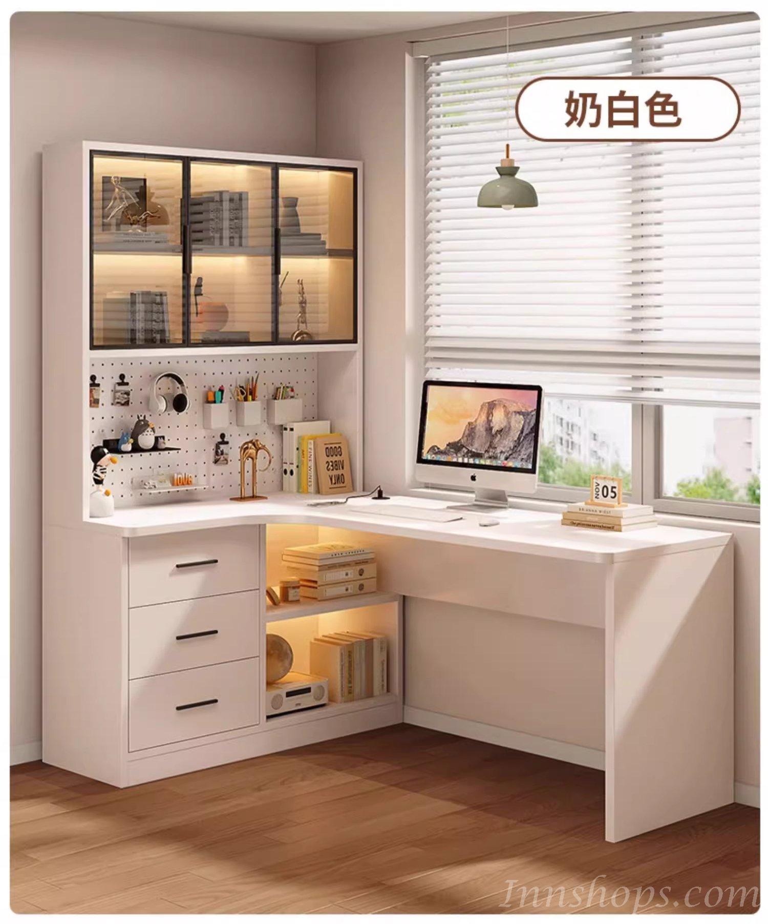L型電腦枱 北歐實木 轉角 L型 電腦枱 洞洞板書枱 書桌 連書架 120cm/140cm/160cm/180cm*98cm*170cm (IS9074)