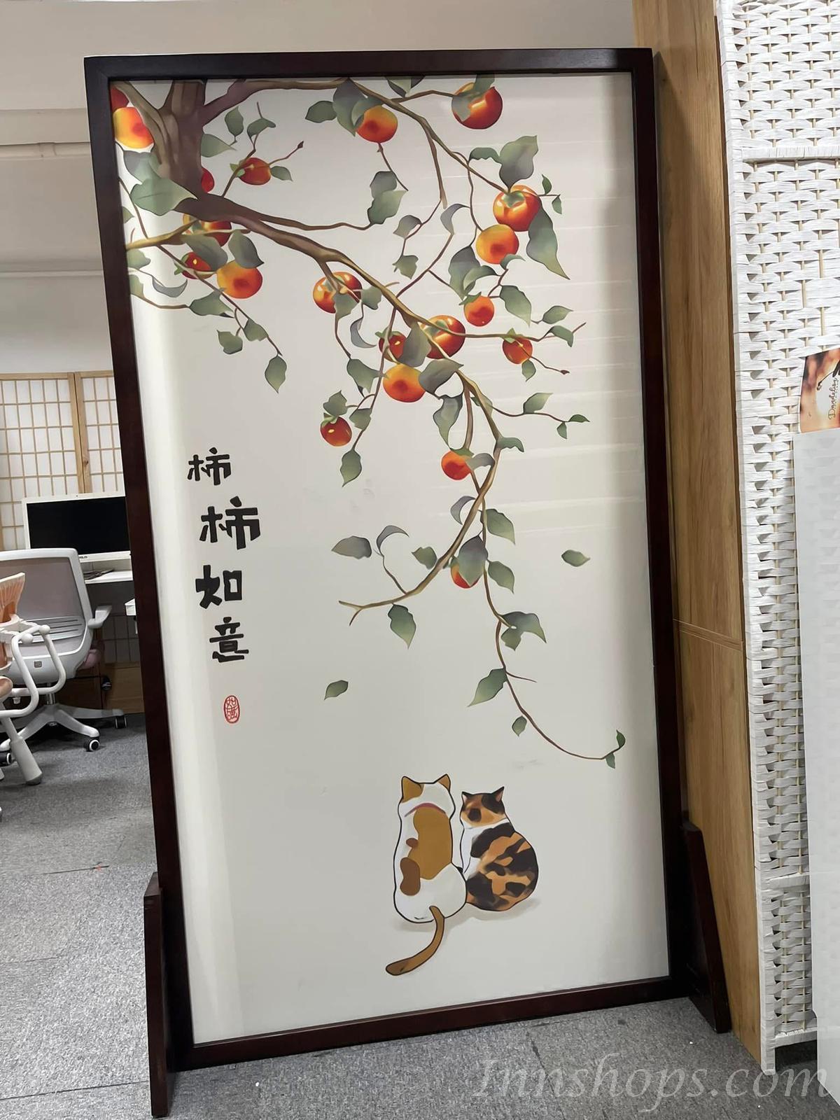新中式禪意屏風隔斷 實木紗布座屏80cm/100cm/120cm/140cm（IS8665）