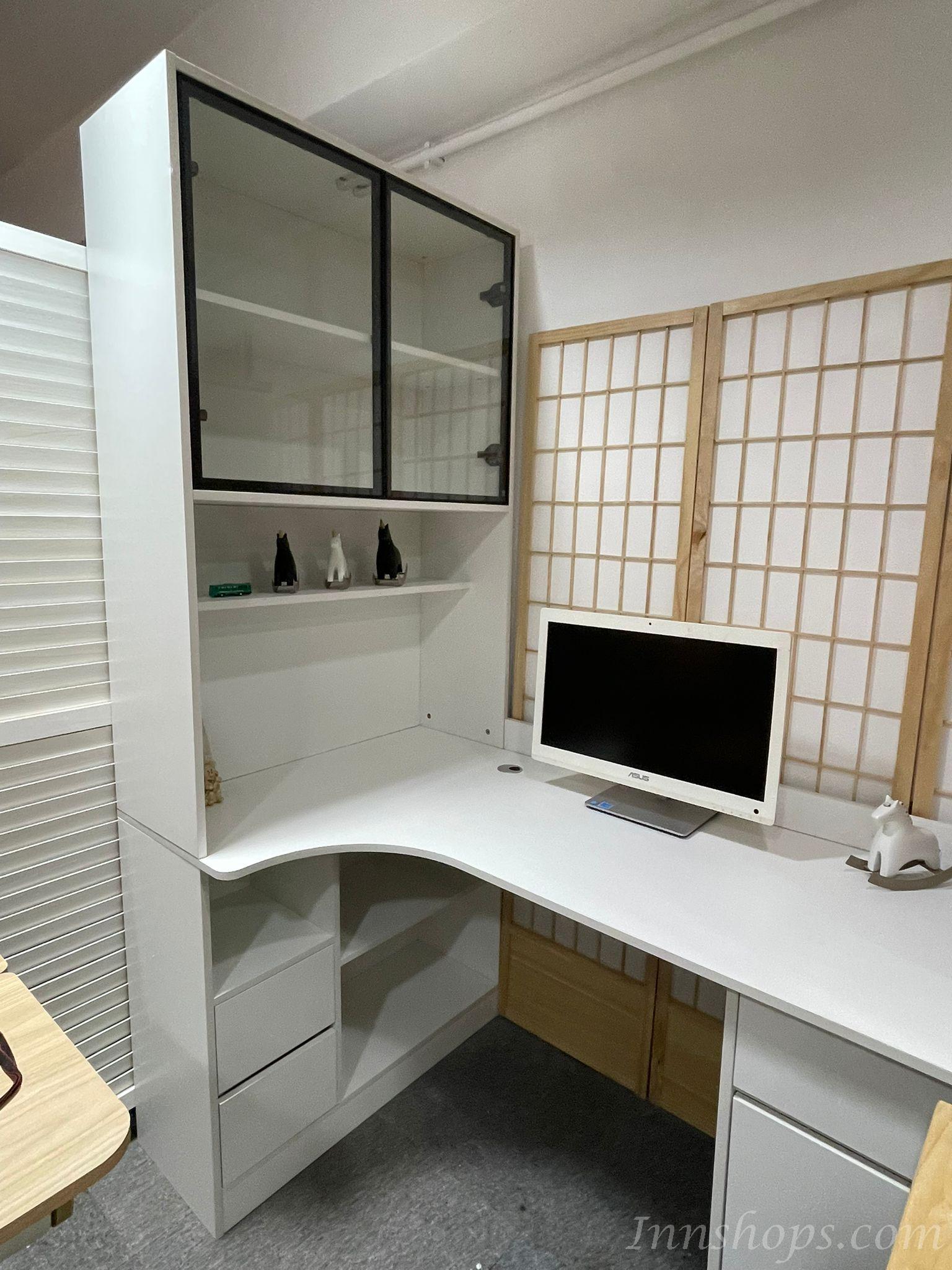 奶油風 轉角書桌書架一體組合書櫃 辦公電腦桌*120cm/140cm/160cm (IS9273)